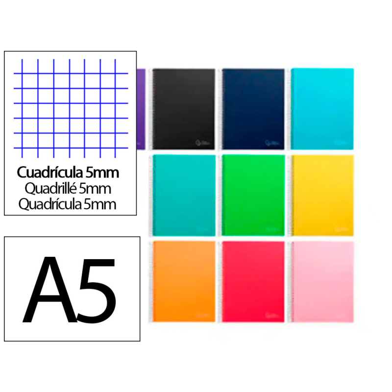 Cuaderno espiral liderpapel a5 micro jolly tapa forrada 140h 75gr cuadro 5mm 5 bandas 6 taladros colores surtidos
