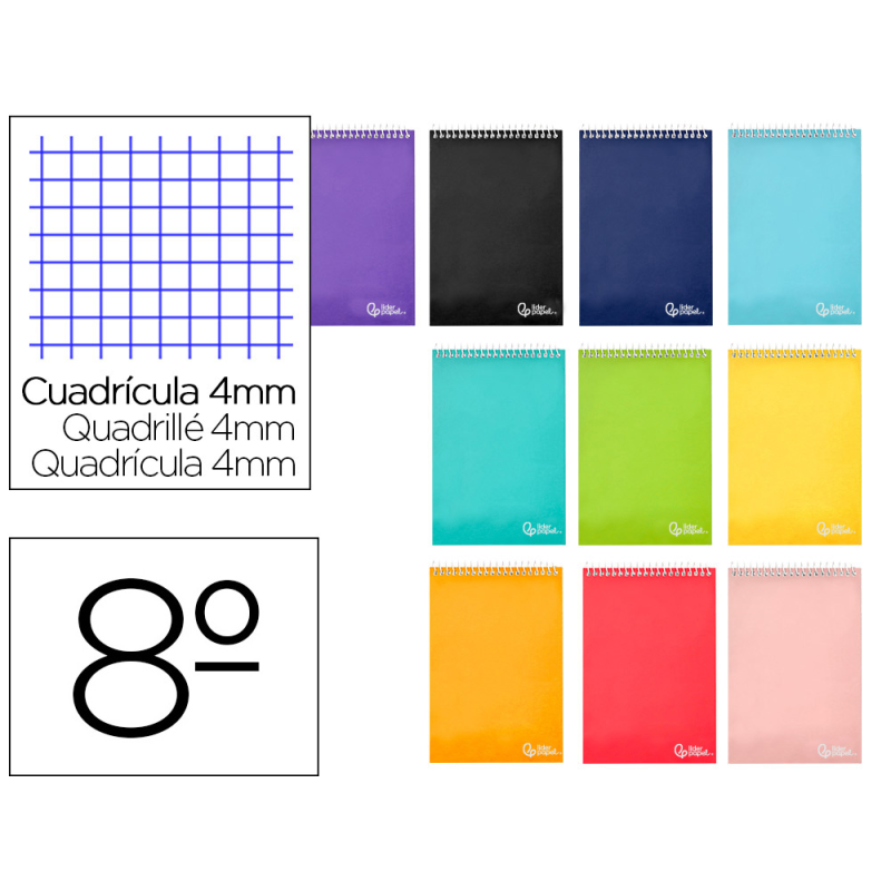 Cuaderno espiral liderpapel bolsillo octavo apaisado smart tapa blanda 80h 60gr cuadro 4mm colores surtidos