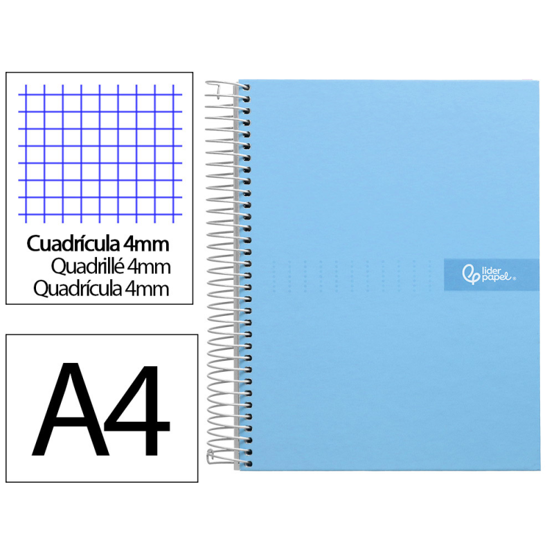 Cuaderno espiral liderpapel a4 crafty tapa forrada 80h 90gr cuadro 4mm con margen color celeste