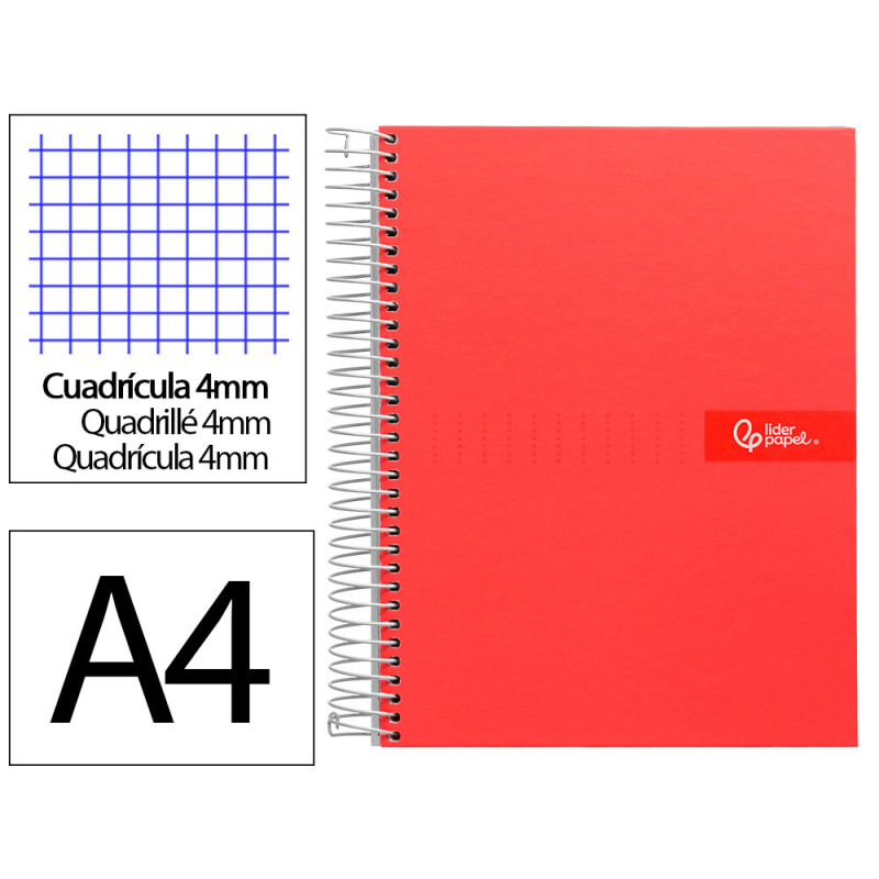 Cuaderno espiral liderpapel a4 crafty tapa forrada 80h 90gr cuadro 4mm con margen color roja