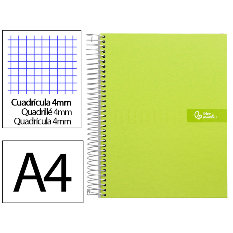 Cuaderno espiral liderpapel a4 crafty tapa forrada 80h 90gr cuadro 4mm con margen color verde