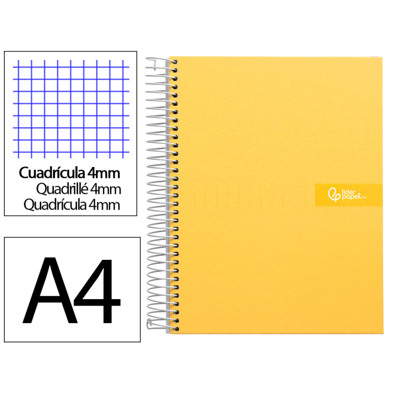 Cuaderno espiral liderpapel a4 crafty tapa forrada 80h 90gr cuadro 4mm con margen color amarillo