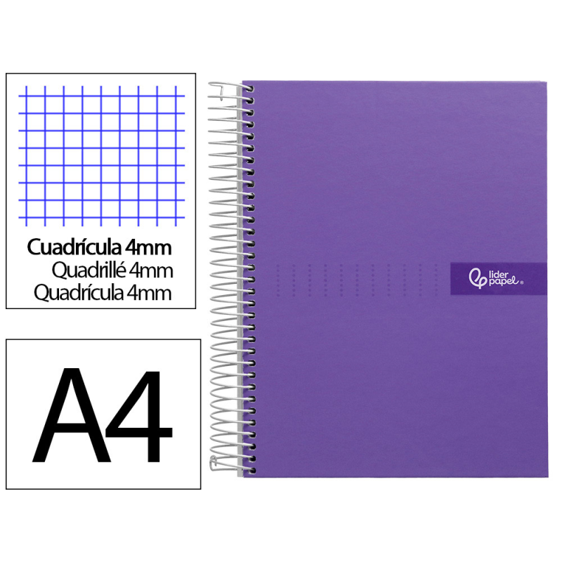 Cuaderno espiral liderpapel a4 crafty tapa forrada 80h 90gr cuadro 4mm con margen color violeta