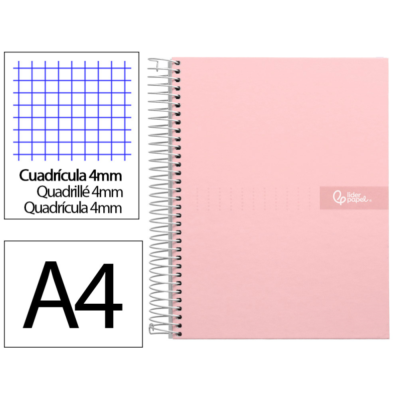 Cuaderno espiral liderpapel a4 crafty tapa forrada 80h 90gr cuadro 4 mm con margen color rosa