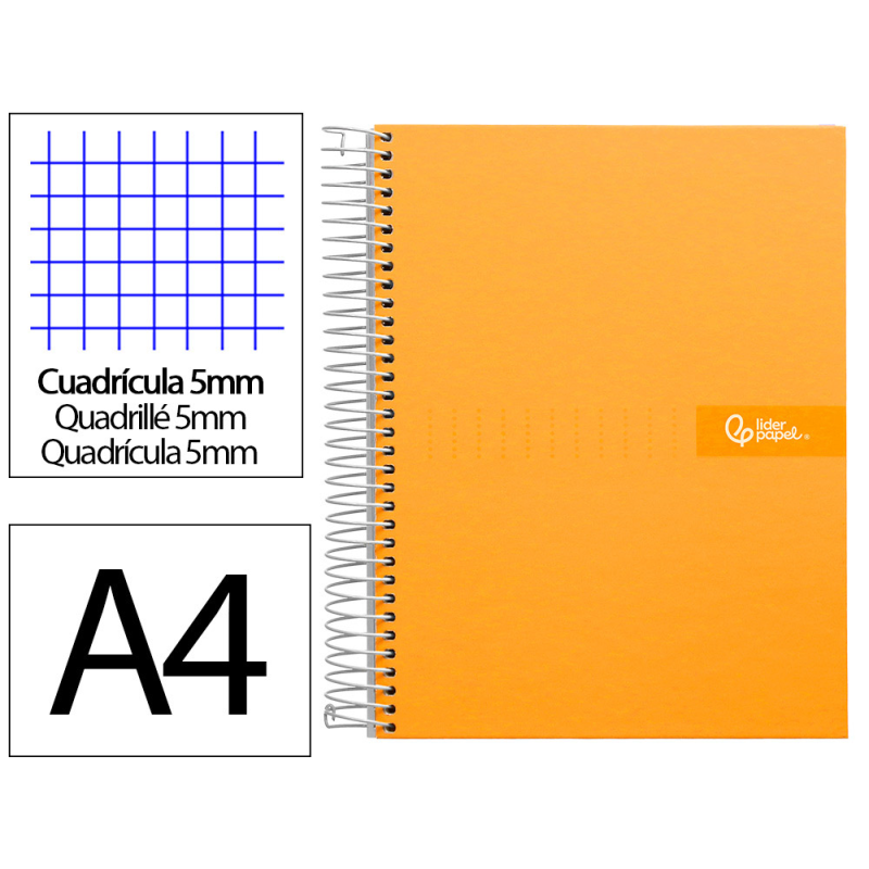 Cuaderno espiral liderpapel a4 micro crafty tapa forrada 120h 90gr cuadro 5mm 5 bandas 4 colores color naranja