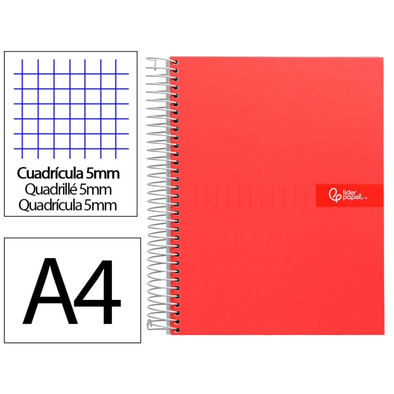 Cuaderno espiral liderpapel a4 micro crafty tapa forrada 120h 90gr cuadro 5mm 5 bandas 4 colores color rojo