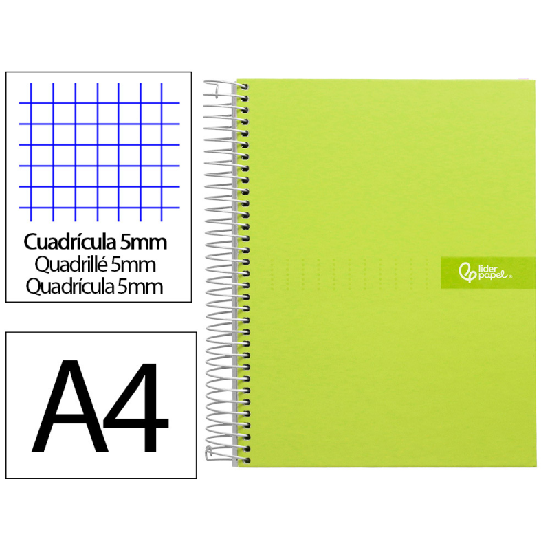 Cuaderno espiral liderpapel a4 micro crafty tapa forrada 120h 90gr cuadro 5mm 5 bandas 4 colores color verde