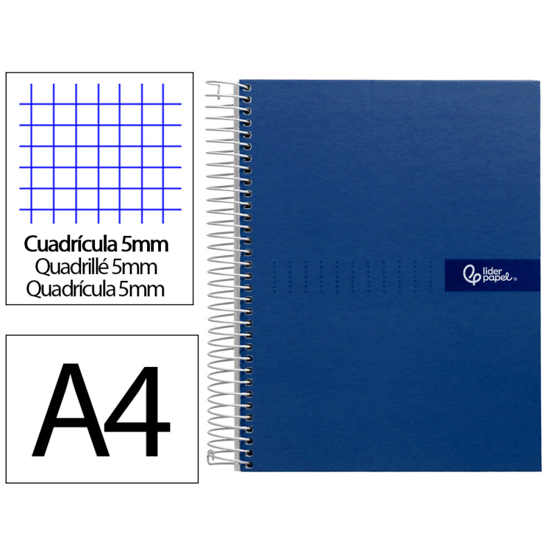 Cuaderno espiral liderpapel a4 micro crafty tapa forrada 120h 90gr cuadro 5mm 5 bandas 4 colores color azul