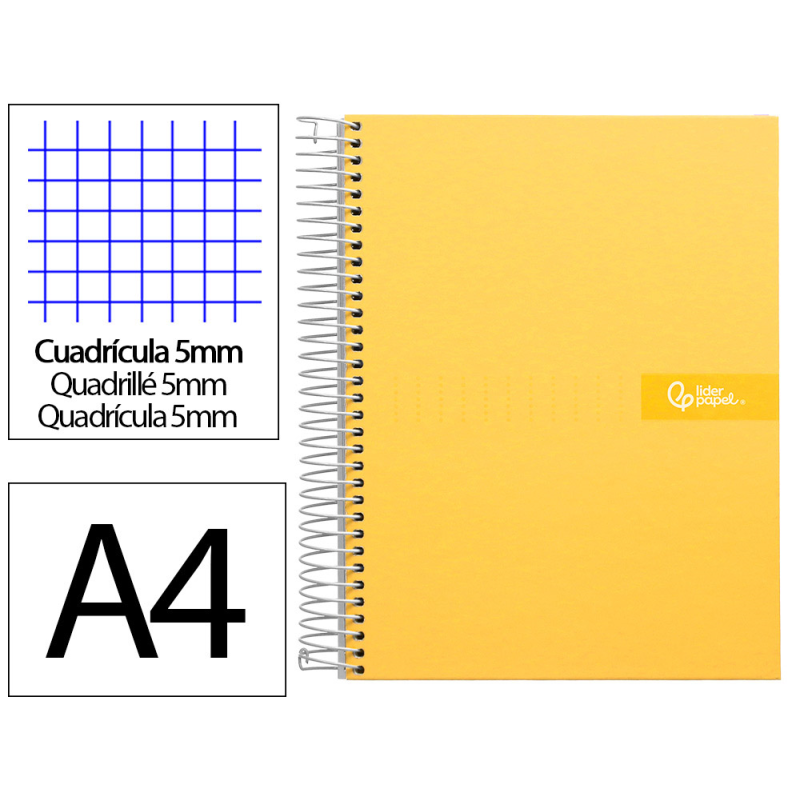 Cuaderno espiral liderpapel a4 micro crafty tapa forrada 120h 90gr cuadro 5mm 5 bandas 4 taladros color amarillo