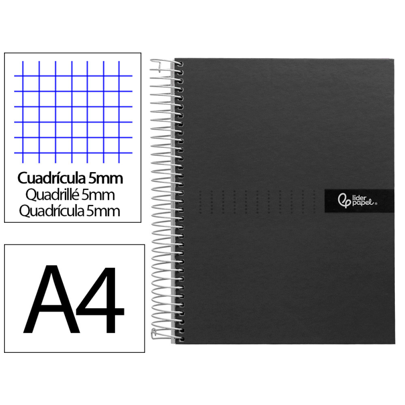 Cuaderno espiral liderpapel a4 micro crafty tapa forrada 120h 90gr cuadro 5mm 5 bandas 4 colores color negro