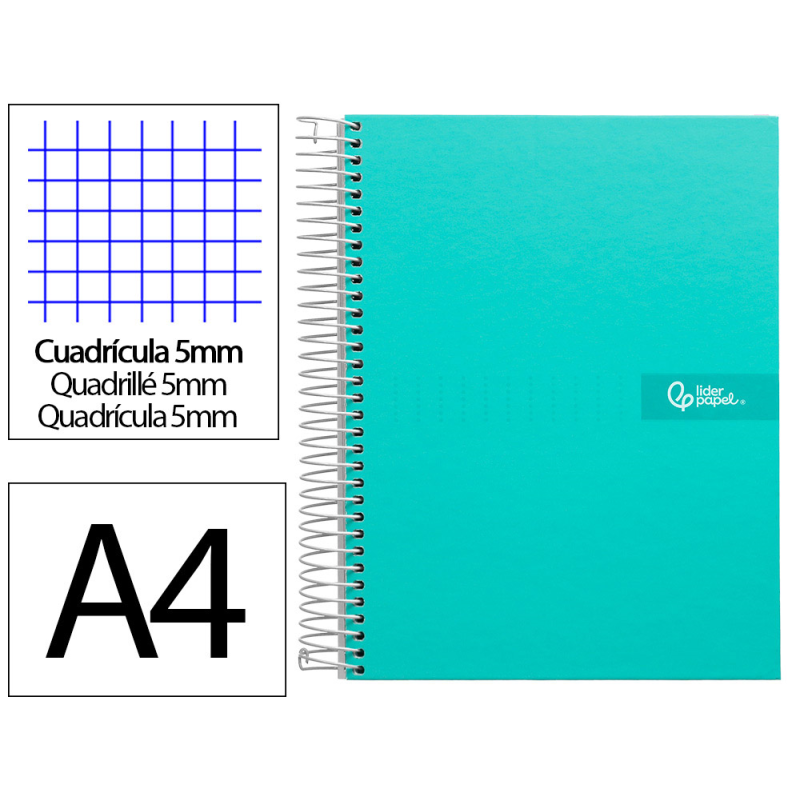 Cuaderno espiral liderpapel a4 micro crafty tapa forrada 120h 90gr cuadro 5mm 5 bandas 4 taladros color turquesa
