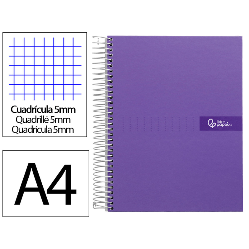 Cuaderno espiral liderpapel a4 micro crafty tapa forrada 120h 90gr cuadro 5mm 5 bandas 4 taladros color violeta