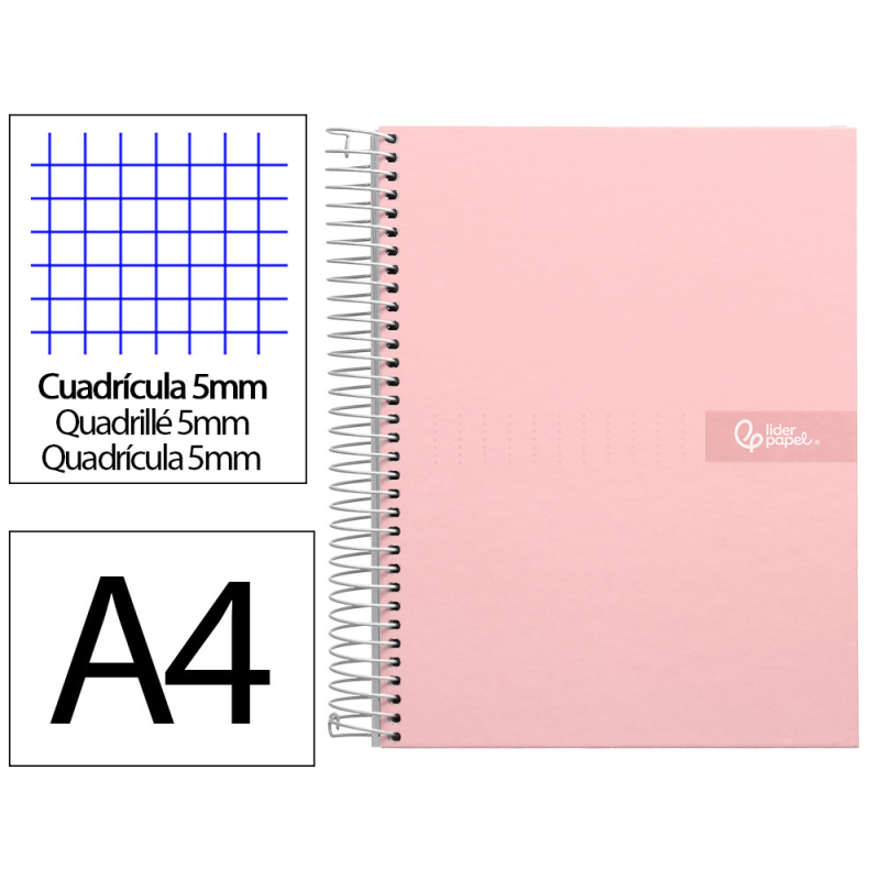 Cuaderno espiral liderpapel a4 micro crafty tapa forrada 120h 90gr cuadro 5mm 5 bandas 4 colores color rosa
