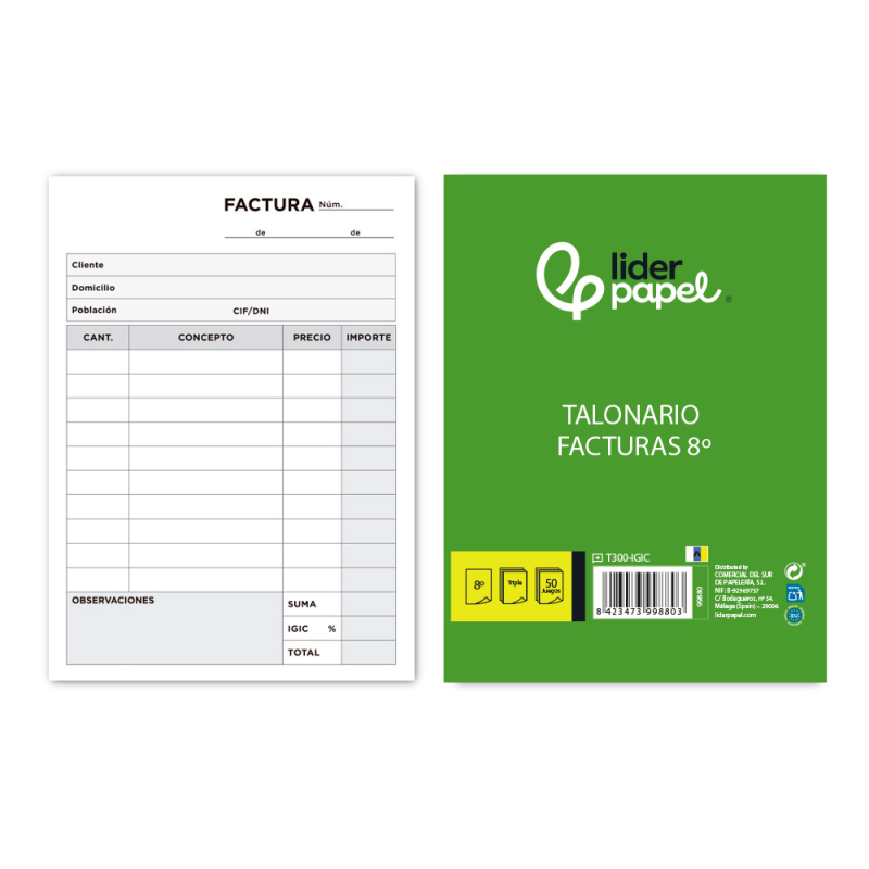 Talonario liderpapel facturas 8º original y 2 copias t300 con i.g.i.c.