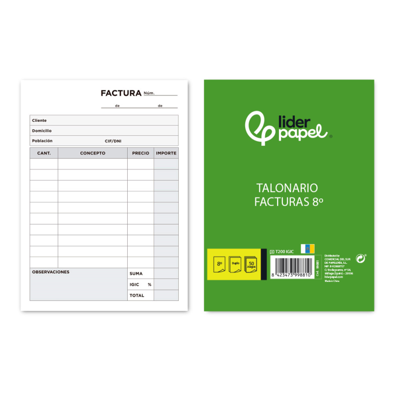 Talonario liderpapel facturas 8º original y copia t200 con i.g.i.c