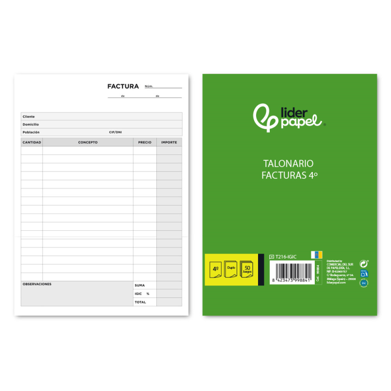 Talonario liderpapel facturas cuarto original y copia t216 con i.g.i.c.