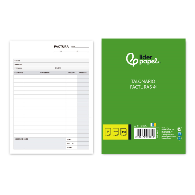 Talonario liderpapel facturas cuarto original t116 con i.g.i.c.
