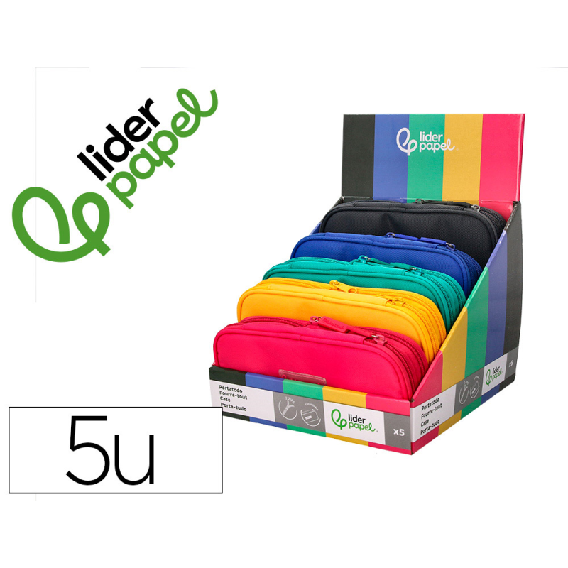 Estuche portatodo liderpapel color pop 2 cremalleras compartimento extensible 230x60 mm