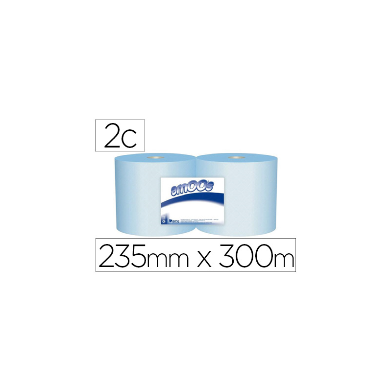 Papel secamanos industrial amoos 2 capas 222 mm x 300 mt color azul paquete de 2 rollos