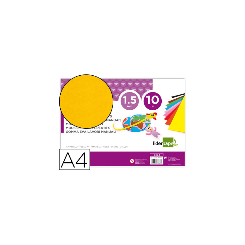 Goma eva liderpapel din a4 60g/m2 espesor 1,5mm amarillo paquete de 10 hojas