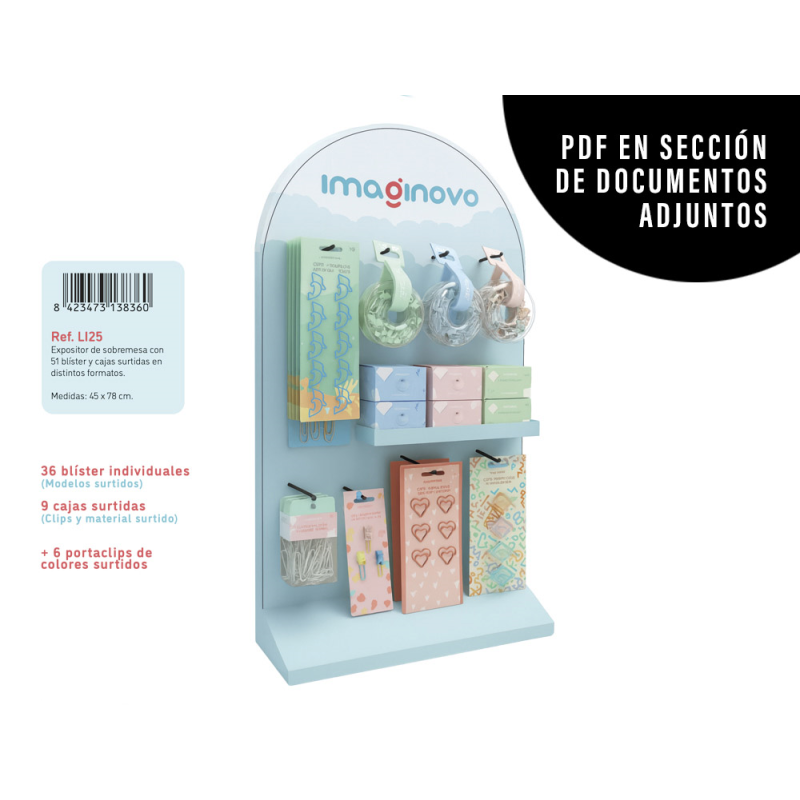 Clips imaginovo expositor de sobremesa con 51 blister y cajas surtidas en distintos formatos 450x780 mm