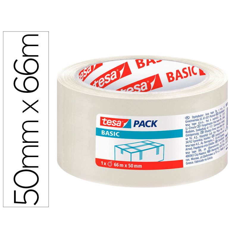Cinta adhesiva tesa transparente basic 66 mt x 50 mm para embalaje