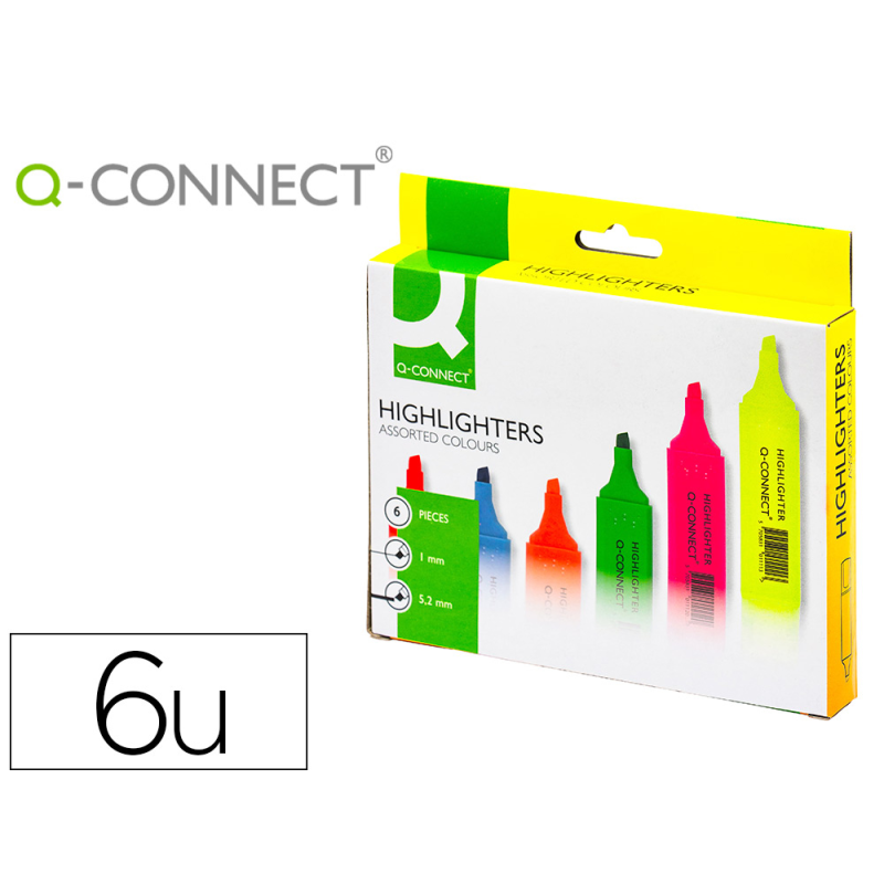 Rotulador q-connect fluorescente punta biselada caja de 6 unidades colores surtidos