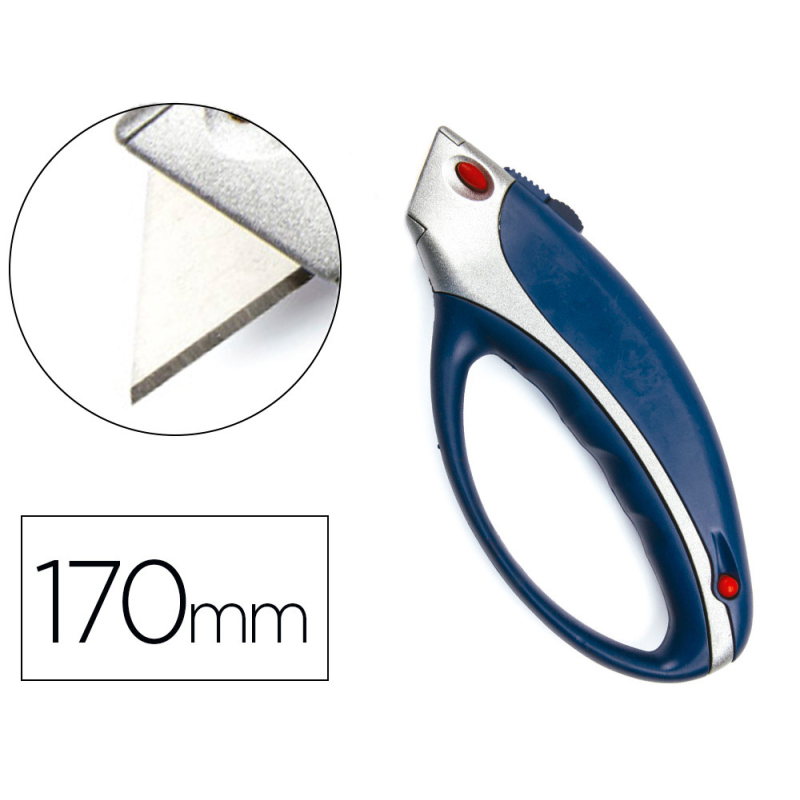 Cuter q-connect xs6200 metalico ancho azul y gris con mango de plastico y compartimento para cuchillas