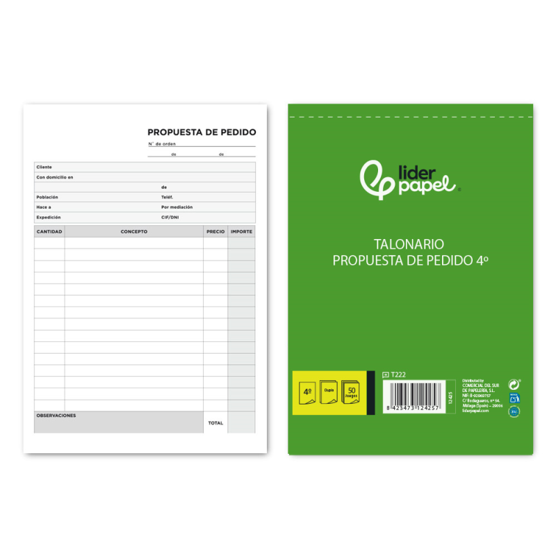 Talonario liderpapel pedidos cuarto original y copia t222