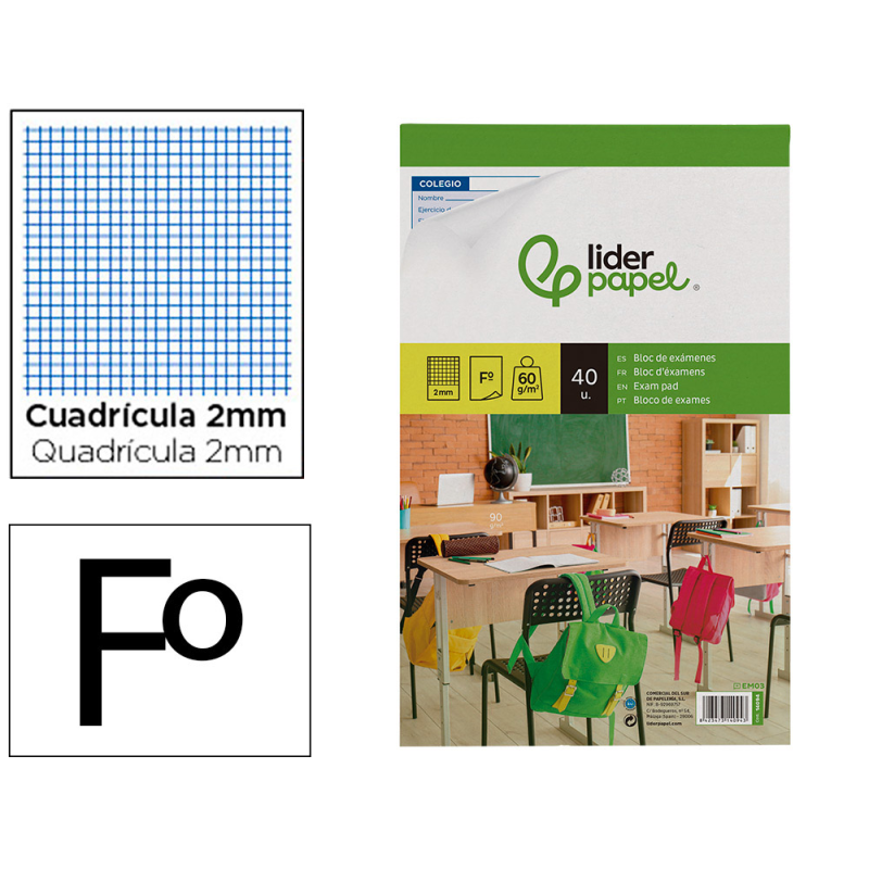 Bloc examenes liderpapel cuadro 2mm folio 40 hojas 60g/m2