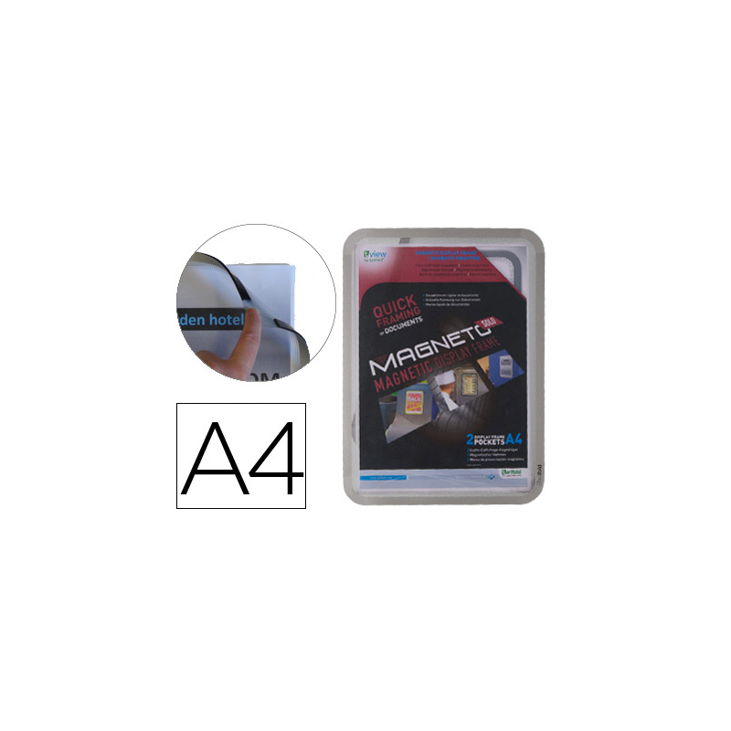 Marco porta anuncios djois magneto din a4 con 4 bandas magneticas en el dorso color plata pack de 2 unidades
