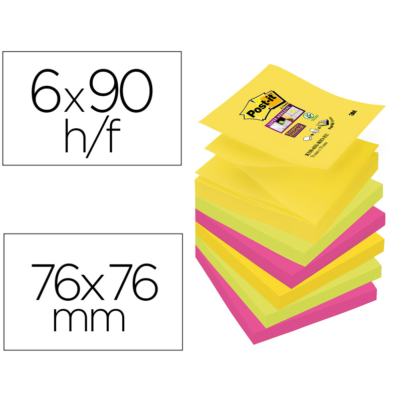 Bloc de notas adhesivas quita y pon post-it super sticky 76x76 mm con 90 hojas pack de 6 bloc colores surtidos