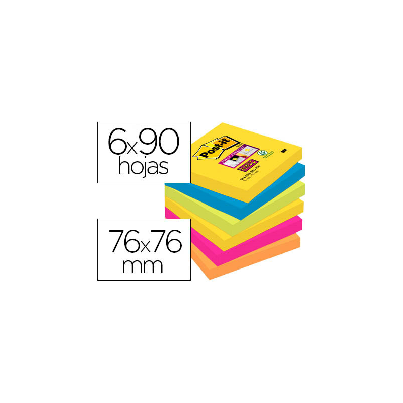 Bloc de notas adhesivas quita y pon post-it super sticky 76x76 mm con 90 hojas pack de 6 bloc colores surtidos