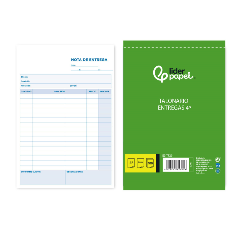 Talonario liderpapel entregas cuarto original t126