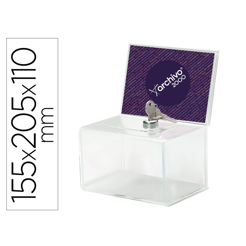 Buzon de sugerencia archivo 2000 con cerradura y dos llaves color cristal transparente 110x155x205 mm