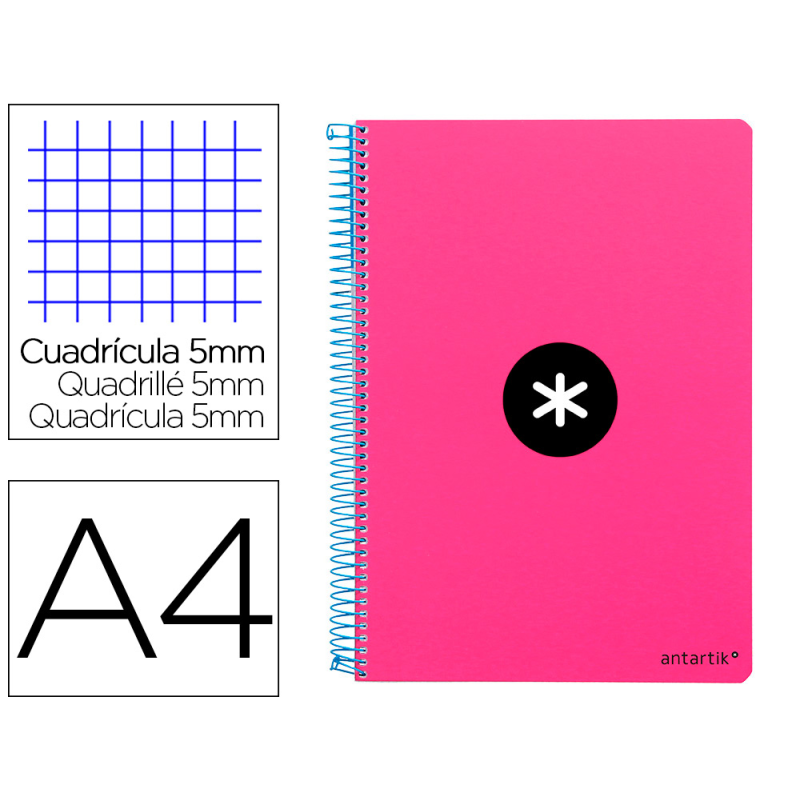 Cuaderno espiral antartik a4 micro tapa dura 80h 100 gr cuadro 5mm sin bandas 4 taladros color rosa fluor