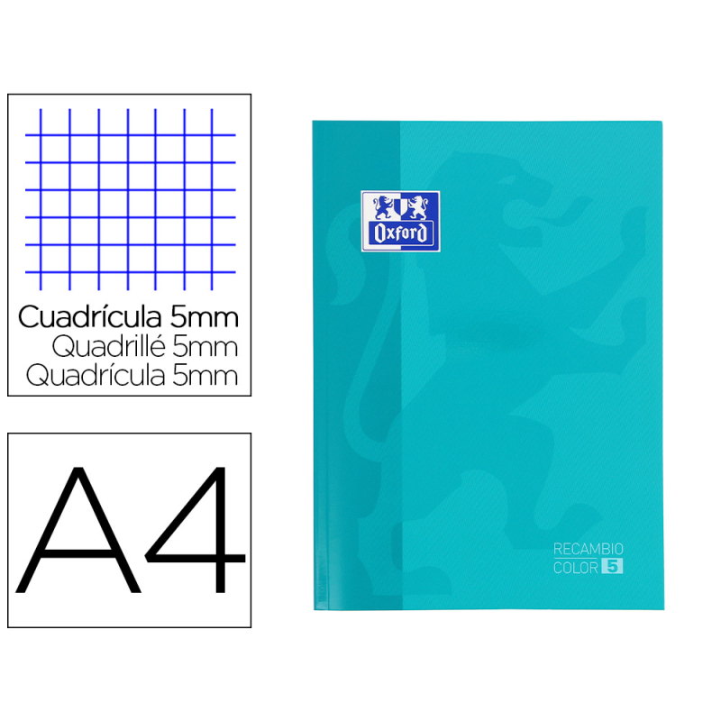 Recambio color oxford din a4 80 hojas 90 gr optik paper cuadros 5mm 4 taladros