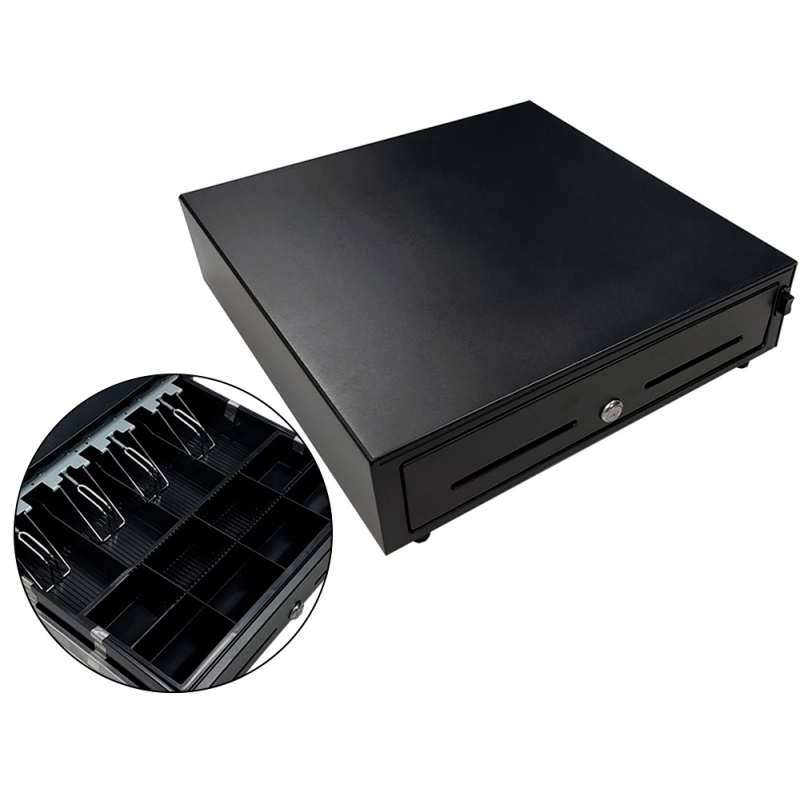 Cajon portamonedas 8 monederos 4 billeteros apertura manual y llave color negro 410x415x110 mm