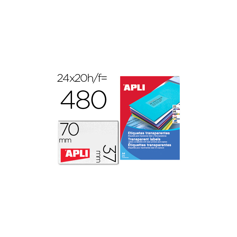 Etiqueta adhesiva apli 1224 transparentes tamaño 70x37 mm para fotocopiadora laser caja 20 hojas con 480 etiquetas