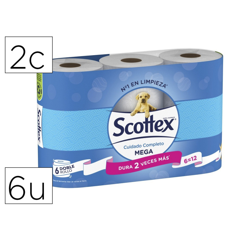 Papel higienico scottex megarrollo doble largo 2 capas paquete de 9 rollos