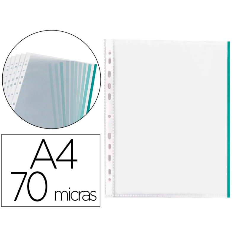 Funda multitaladro q-connect din a4 70 mc pp cristal con borde verde bolsa de 10 unidades