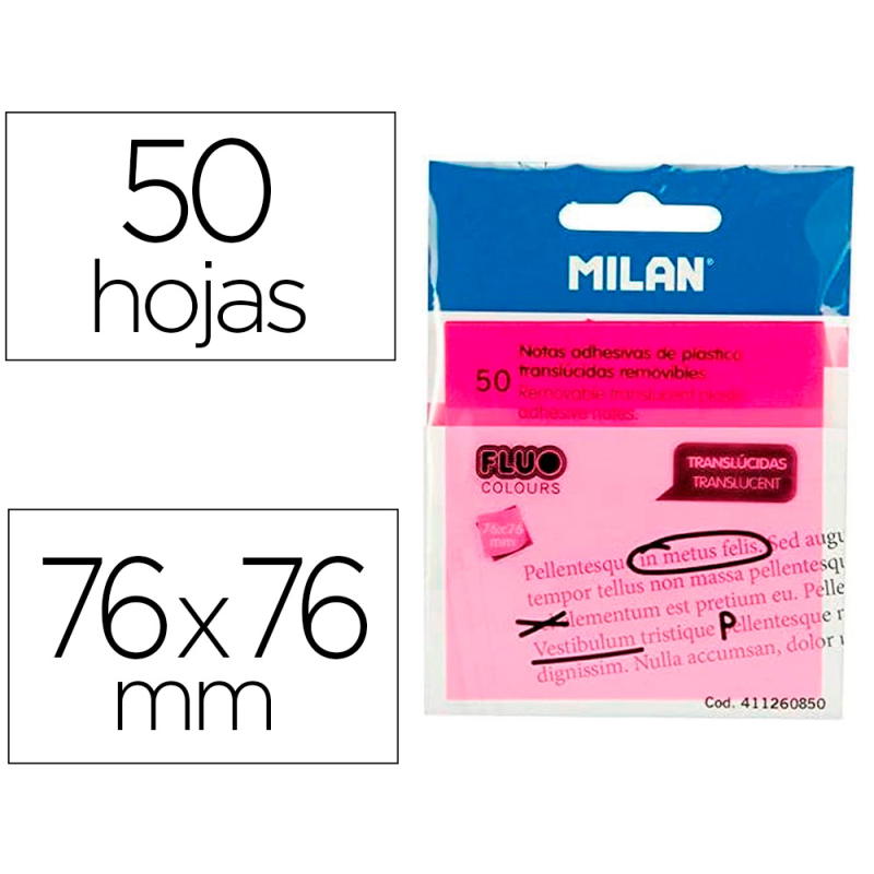 Bloc de notas adhesivas quita y pon milan 76x76 mm removible plastico translucido rosa fluor 50 hojas