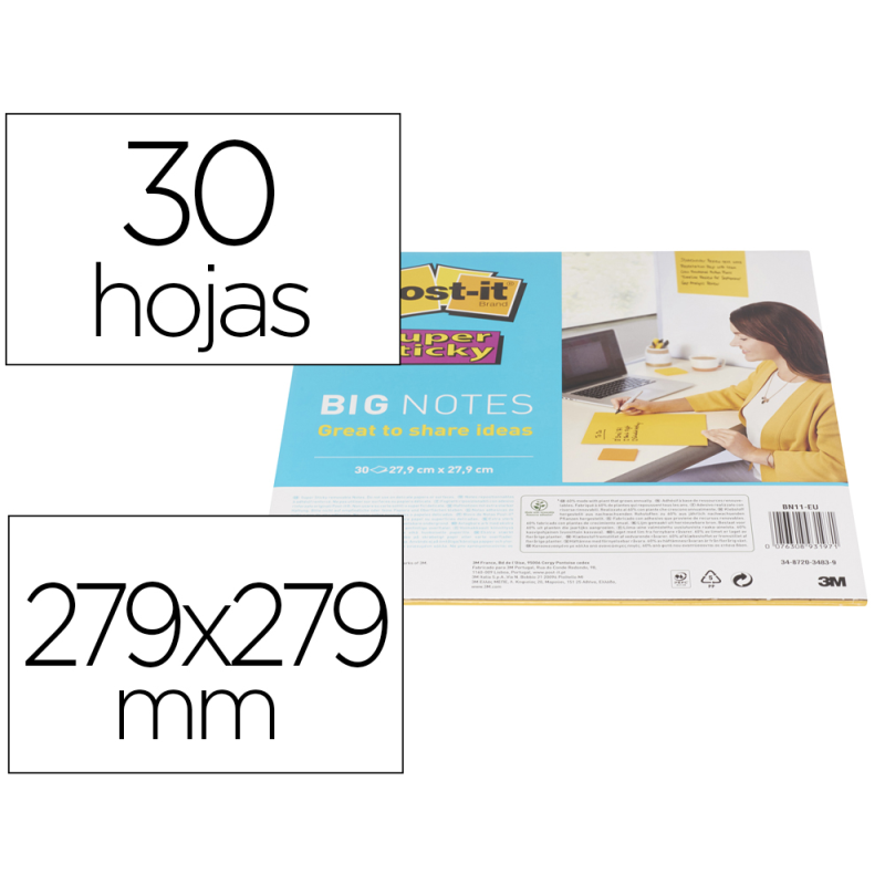 Bloc de notas adhesivas quita y pon post-it super sticky amarillo 30 hojas 279x279 mm
