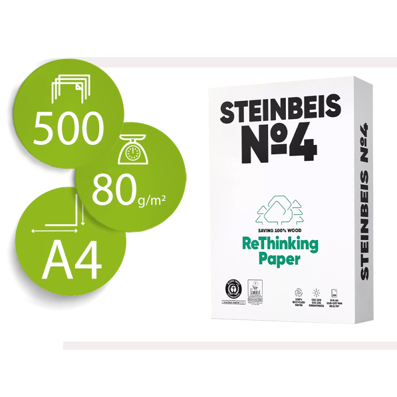 Papel fotocopiadora steinbeis n.4 100% reciclado din a4 80 gramos paquete de 500 hojas