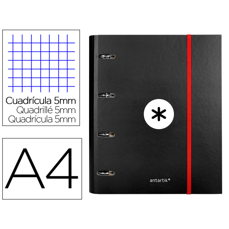 Carpeta con recambio antartik a4 cuadro 5mm forrada 4 anillas 40mm redondas con solapa color negro