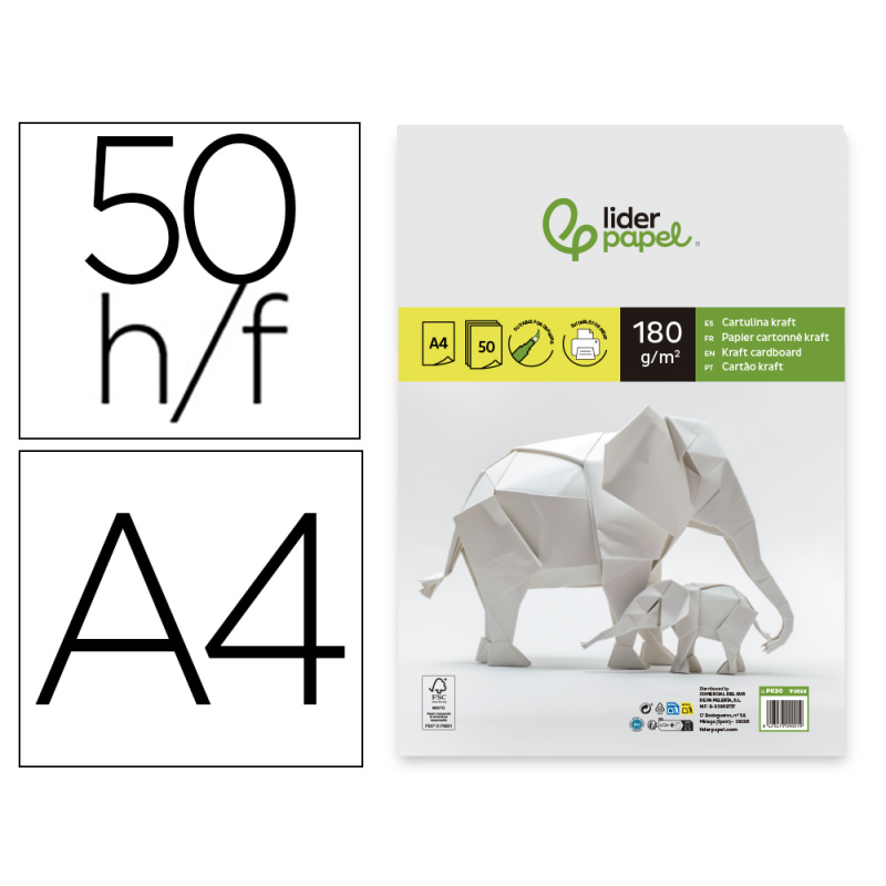 Cartulina kraft liderpapel a4 180g/m2 paquete de 50 hojas