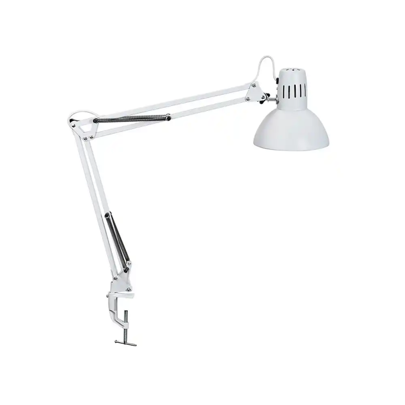 Lampara de escritorio maul metal 57w doble brazo cabezal orientable pinza blanca