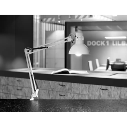 Lampara de escritorio maul metal 57w doble brazo cabezal orientable pinza blanca