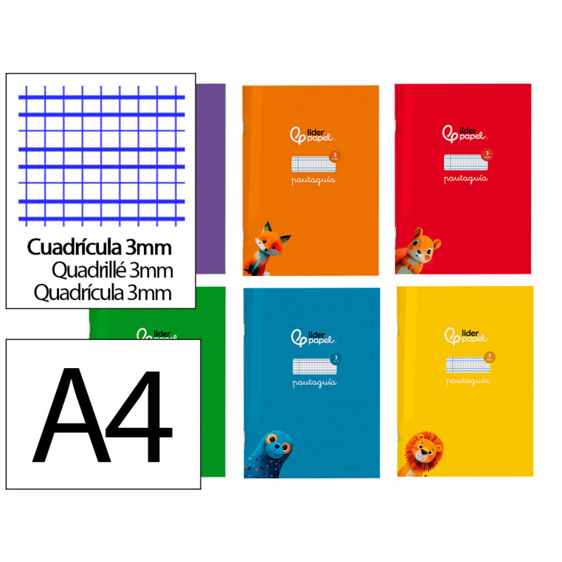 Libreta liderpapel pautaguia tapa cartoncillo 32h din a4 75gr cuadriculado pautado 3mm con margen 6 colores surtidos