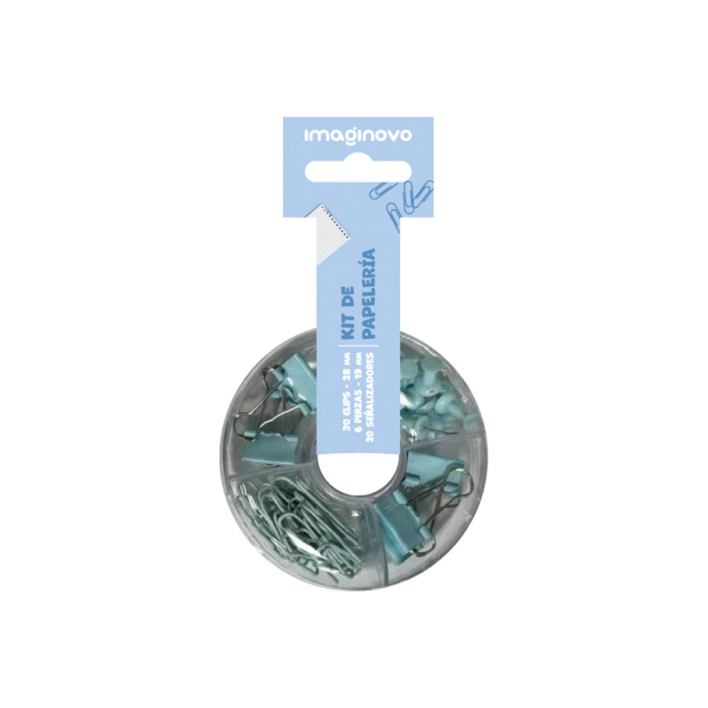 Set de papeleria imaginovo con clips 28mm pinzas 19mm y chinchetas azul